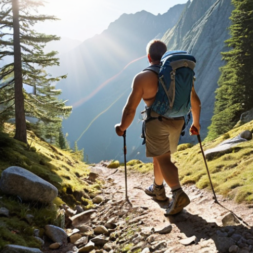 Home 4 **A hiker powerfully ascending a mountain trail, using hiking poles for balance, with sunbeams breaking through the trees. Focus on muscular definition and determined facial expression. Illustrate "Renforcement Musculaire" and "Préparation Mentale" aspects of hiking.**