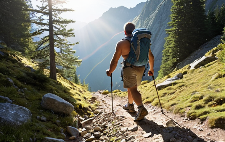 **A hiker powerfully ascending a mountain trail, using hiking poles for balance, with sunbeams breaking through the trees. Focus on muscular definition and determined facial expression. Illustrate "Renforcement Musculaire" and "Préparation Mentale" aspects of hiking.**