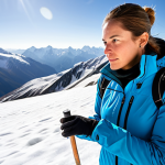 A professional female hiker in technical outdoor gear, including a long-sleeved base layer and a windproof jacket, fully clothed, appropriate attire, modest clothing, applying sun protection to her face with a stick, looking focused and prepared. The setting is a high-altitude mountain landscape, with snow-capped peaks in the background and bright sunlight reflecting off the snow. Perfect anatomy, correct proportions, natural pose, well-formed hands, proper finger count, natural body proportions, professional photography, high quality, safe for work, appropriate content, family-friendly.