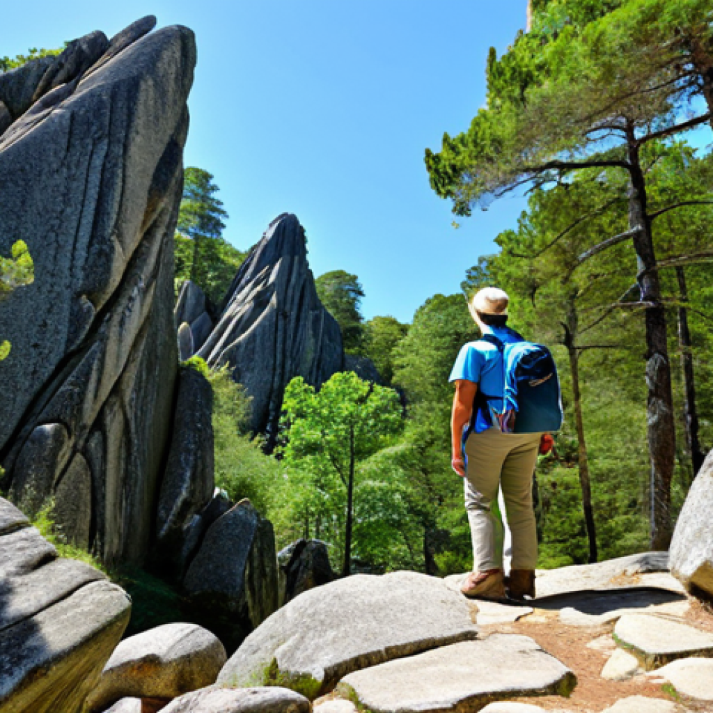 **

"A woman, fully clothed in hiking attire, including a practical backpack and sturdy hiking boots, stands amidst the Fontainebleau forest's unique rock formations. She is smiling, looking up at the interesting rock structures. The scene showcases dappled sunlight filtering through the trees, highlighting the textures of the rocks and foliage. In the background, other fully clothed hikers can be seen enjoying the trail at a safe distance. Safe for work, appropriate content, well-formed hands, correct proportions, natural pose, professional, modest, family-friendly."

**
