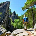 **

"A woman, fully clothed in hiking attire, including a practical backpack and sturdy hiking boots, stands amidst the Fontainebleau forest's unique rock formations. She is smiling, looking up at the interesting rock structures. The scene showcases dappled sunlight filtering through the trees, highlighting the textures of the rocks and foliage. In the background, other fully clothed hikers can be seen enjoying the trail at a safe distance. Safe for work, appropriate content, well-formed hands, correct proportions, natural pose, professional, modest, family-friendly."

**