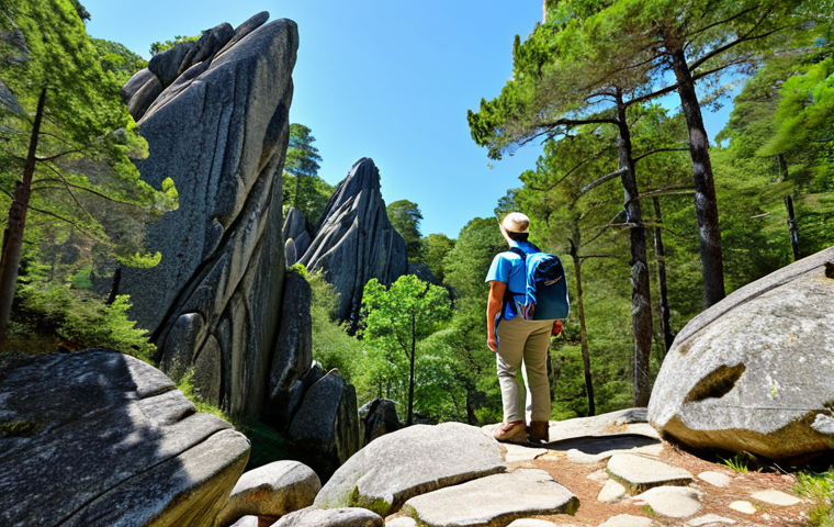 **

"A woman, fully clothed in hiking attire, including a practical backpack and sturdy hiking boots, stands amidst the Fontainebleau forest's unique rock formations. She is smiling, looking up at the interesting rock structures. The scene showcases dappled sunlight filtering through the trees, highlighting the textures of the rocks and foliage. In the background, other fully clothed hikers can be seen enjoying the trail at a safe distance. Safe for work, appropriate content, well-formed hands, correct proportions, natural pose, professional, modest, family-friendly."

**