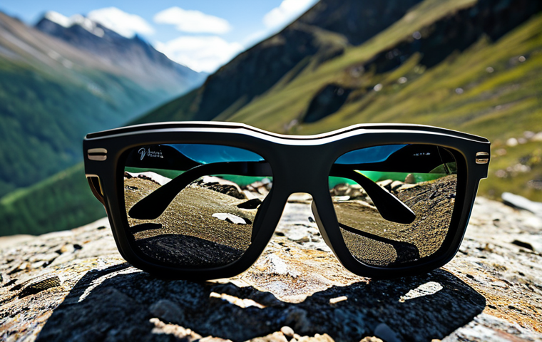 등산용 고글 추천 제품 - Mountain Adventure Gear**
"Close-up shot of high-quality mountain sunglasses displayed on rugged te...