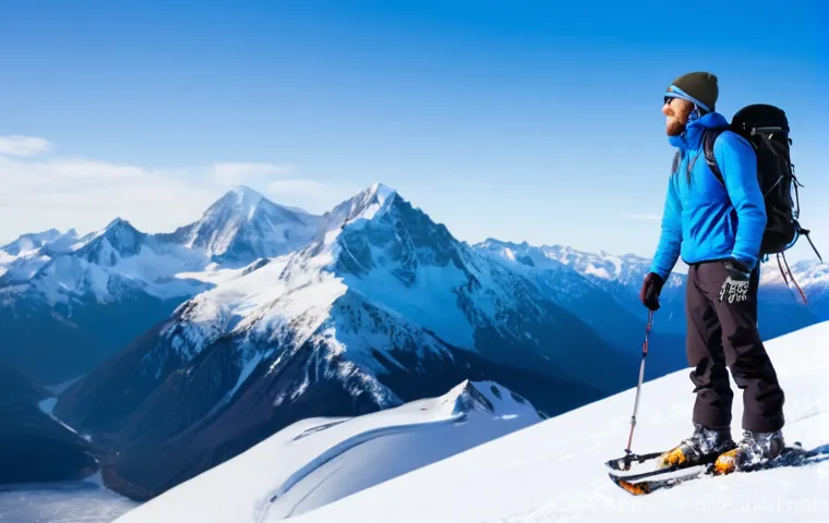 겨울 등산 장비 체크리스트 - **Prompt:** A solo hiker, appearing to be in their late 20s or early 30s, stands confidently on a sn...