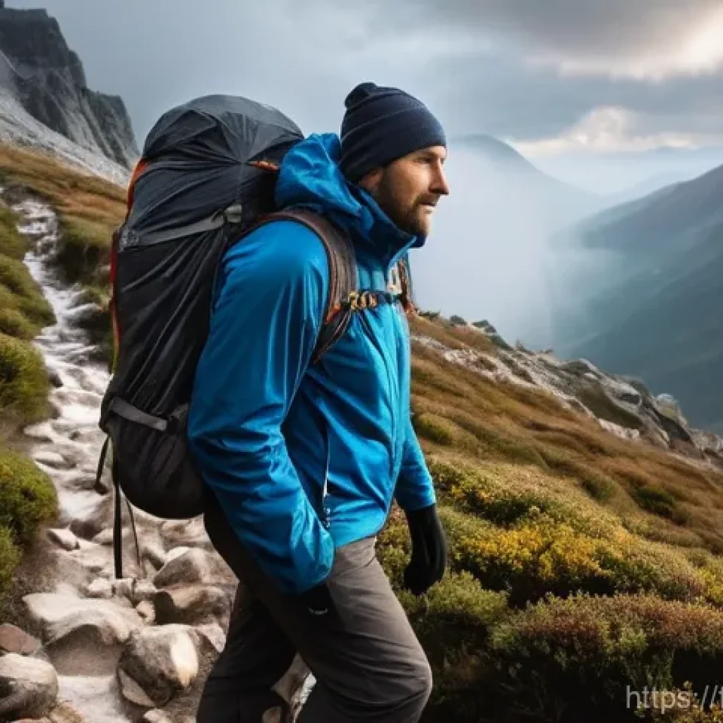 등산 사고 예방을 위한 팁 - **"Mountain Hiker Navigating Changing Weather"**
A determined male hiker, dressed in technical, ...