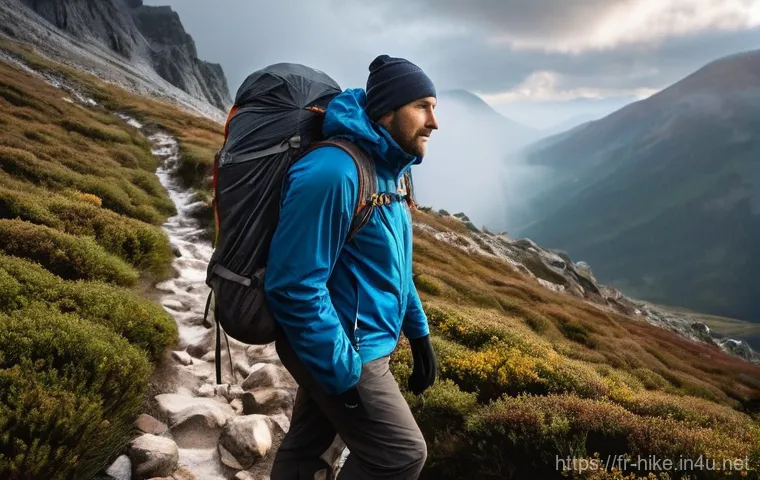 등산 사고 예방을 위한 팁 - **"Mountain Hiker Navigating Changing Weather"**
    A determined male hiker, dressed in technical, ...
