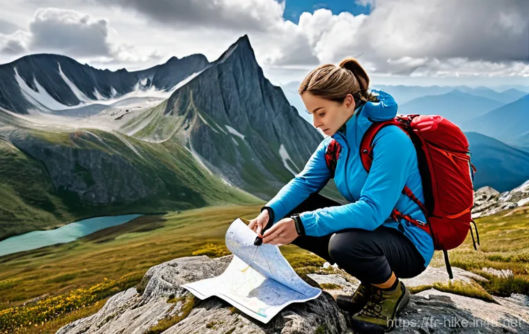등산 사고 예방을 위한 팁 - **"Mountain Hiker Navigating Changing Weather"**
    A determined male hiker, dressed in technical, ...