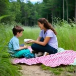 등산 시 벌레 퇴치 스프레이 추천 - **Prompt:** A serene, sun-dappled forest path in the Fontainebleau forest, France. In the foreground...