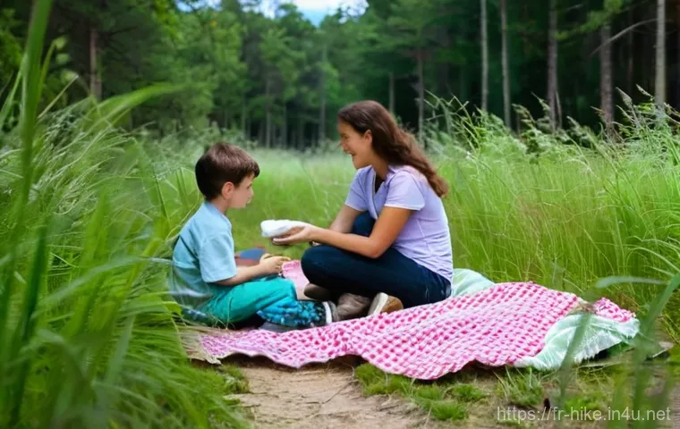 등산 시 벌레 퇴치 스프레이 추천 - **Prompt:** A serene, sun-dappled forest path in the Fontainebleau forest, France. In the foreground...