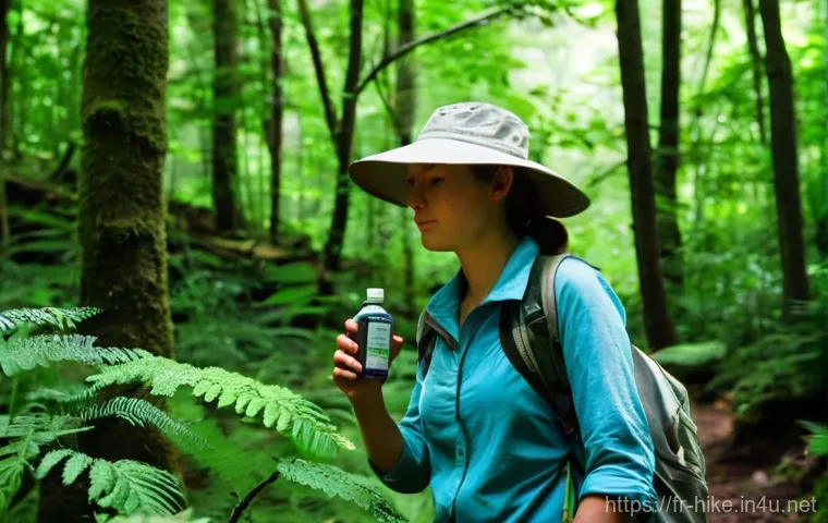 등산 시 벌레 퇴치 스프레이 추천 - **Prompt:** A serene, sun-dappled forest path in the Fontainebleau forest, France. In the foreground...