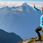 등산 초보자 주의사항 - **Prompt:** A solo female hiker, approximately 30 years old, stands triumphantly on a scenic mountai...