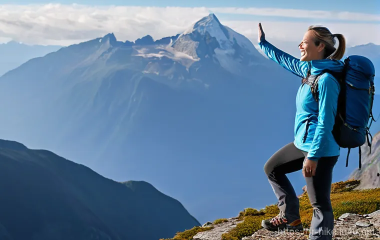 등산 초보자 주의사항 - **Prompt:** A solo female hiker, approximately 30 years old, stands triumphantly on a scenic mountai...