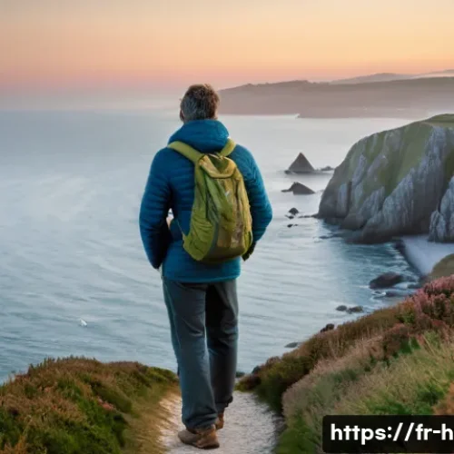 등산과 명상 결합법 - **Prompt:** A serene, adult hiker stands on a scenic coastal path in Brittany, France, during the ea...