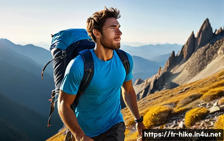 등산 시 추천 음악 플레이리스트 - **Prompt 1: Energetic Mountain Ascent**
    A dynamic, eye-level shot of a fit male hiker, in his la...