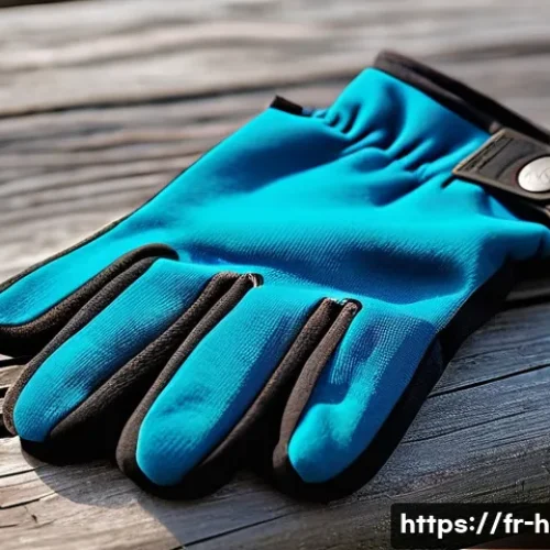 등산 장갑 추천 제품 - A close-up view of a pair of high-quality winter hiking gloves lying on a rustic wooden surface outd...