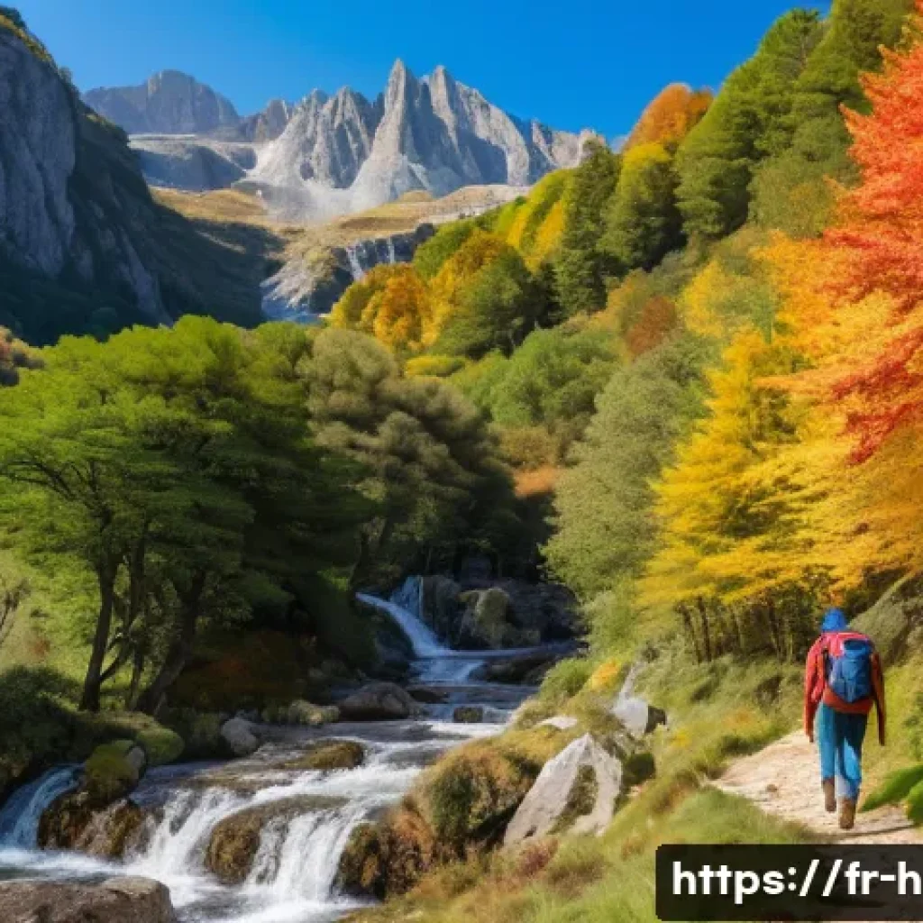 국내 베스트 등산 코스 - A breathtaking autumn scene in the Pyrenees mountains, featuring a hiker wearing sturdy hiking cloth...