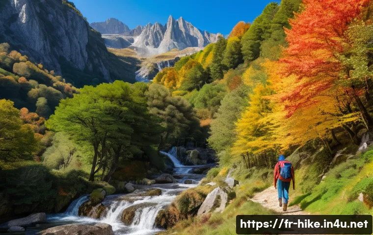 국내 베스트 등산 코스 - A breathtaking autumn scene in the Pyrenees mountains, featuring a hiker wearing sturdy hiking cloth...