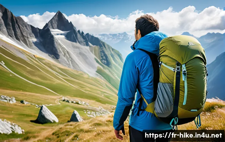 등산 중 체온 유지법 - A detailed outdoor hiking scene set in the French Alps during early autumn, featuring a mid-adult hi...