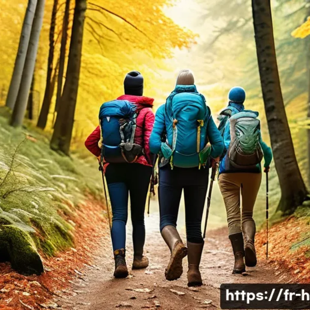 등산 다이어트 성공 사례 - A diverse group of hikers trekking on a gentle forest trail in the French countryside during autumn,...
