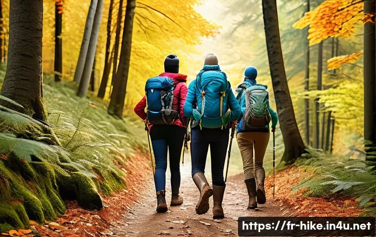 등산 다이어트 성공 사례 - A diverse group of hikers trekking on a gentle forest trail in the French countryside during autumn,...