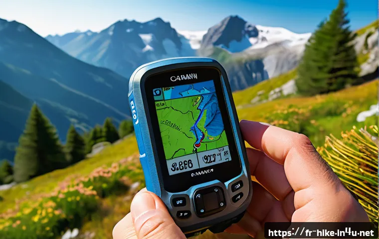 등산 GPS 기기 추천 - A rugged hiker in the French Alps using a Garmin GPSMAP 66i, dressed in durable outdoor clothing and...