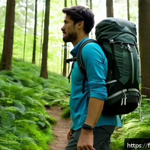 등산 시 허리 통증 예방 요령 - A detailed outdoor scene showing a hiker wearing a well-fitted ergonomic backpack with wide padded s...