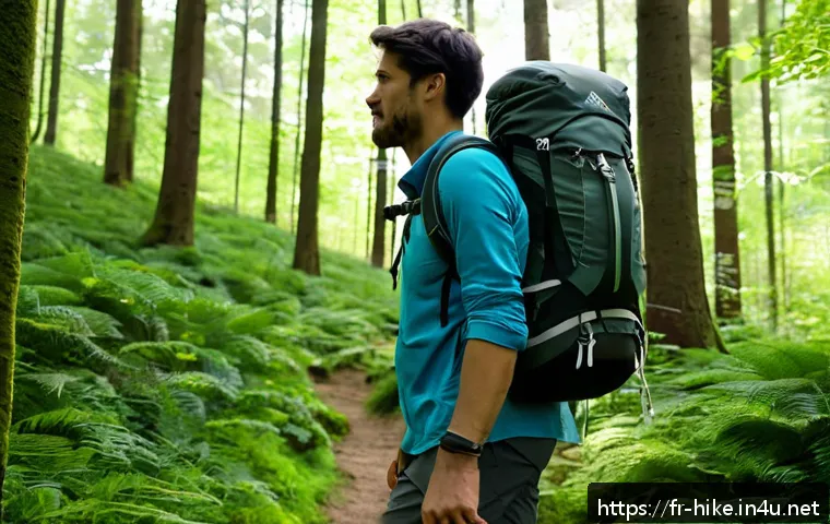 등산 시 허리 통증 예방 요령 - A detailed outdoor scene showing a hiker wearing a well-fitted ergonomic backpack with wide padded s...