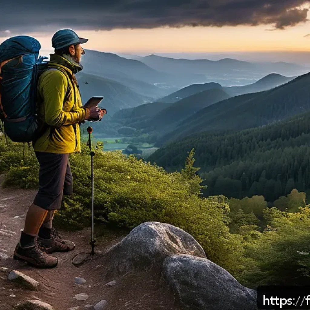 등산용 헤드램프 추천 - A detailed outdoor scene featuring a hiker wearing a lightweight, adjustable headlamp with a breatha...