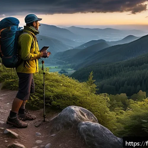 등산용 헤드램프 추천 - A detailed outdoor scene featuring a hiker wearing a lightweight, adjustable headlamp with a breatha...
