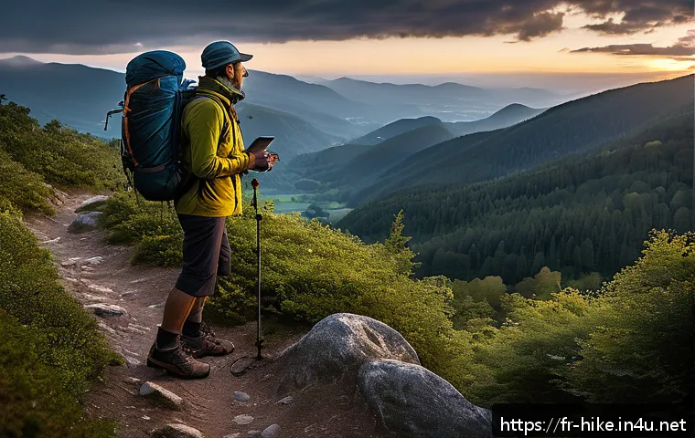 등산용 헤드램프 추천 - A detailed outdoor scene featuring a hiker wearing a lightweight, adjustable headlamp with a breatha...
