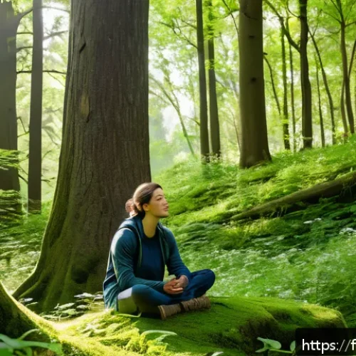 등산 후 자연과 교감하는 방법 - A peaceful forest scene after a hiking session in the French countryside, showing a person sitting c...