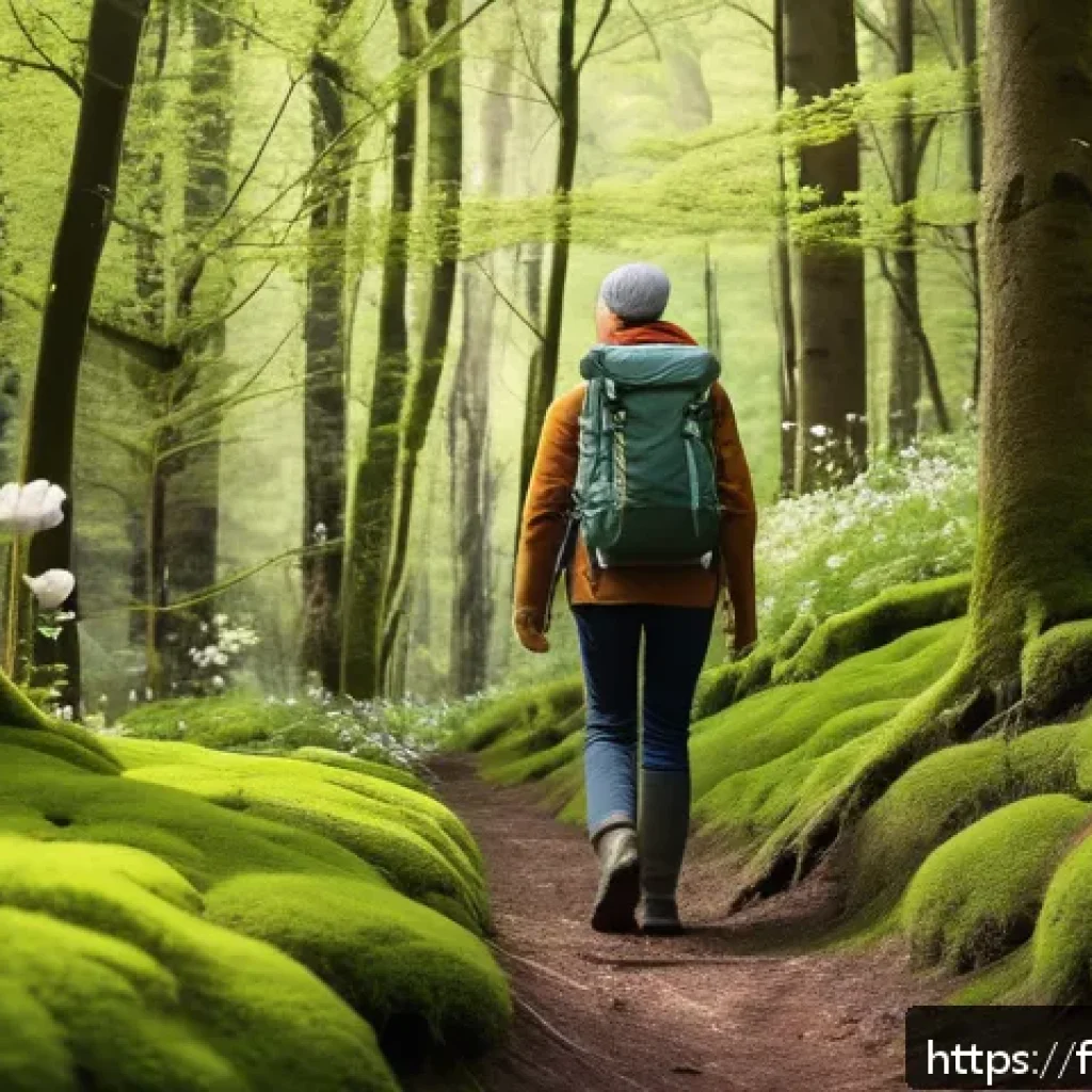 등산과 도보 여행의 차이점 - A serene scene of a middle-aged woman walking thoughtfully through a lush green forest in springtime...