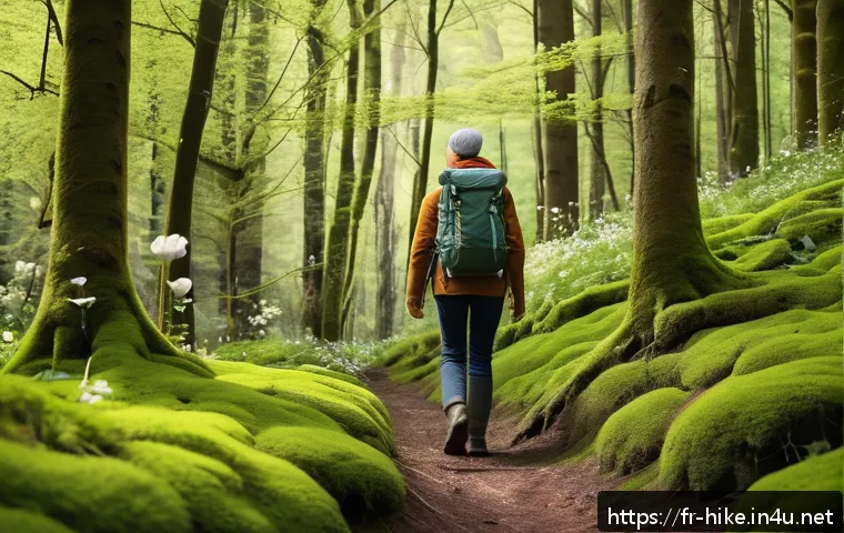 등산과 도보 여행의 차이점 - A serene scene of a middle-aged woman walking thoughtfully through a lush green forest in springtime...
