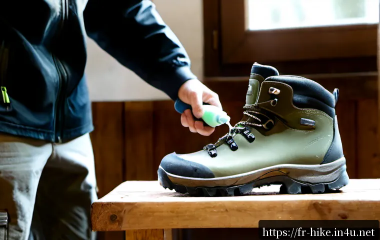 등산화 방수 관리법 - Photorealistic close-up of clean waterproof hiking boots on a wooden workbench in a cozy French coun...