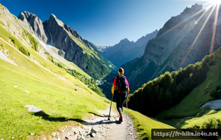 등산 다이어트 효과 - Photorealistic wide-angle view of a fit middle-aged French woman hiking uphill on a marked trail in ...